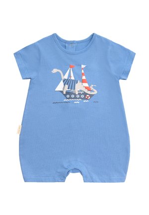 Pelele azul para bebé con un velero de dibujos animados que muestra dinosaurios, velas rojas y blancas, y olas de agua en el frente.
