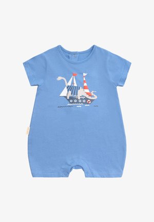 Pelele azul para bebé con un velero de dibujos animados que muestra dinosaurios, velas rojas y blancas, y olas de agua en el frente.