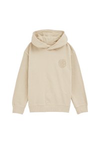 Hoodie aus weichem beigen Stoff. Mit Fronttasche und runder Logo auf der Brust. Gerippte Ärmelbündchen und Saum. Schlichtes Design.