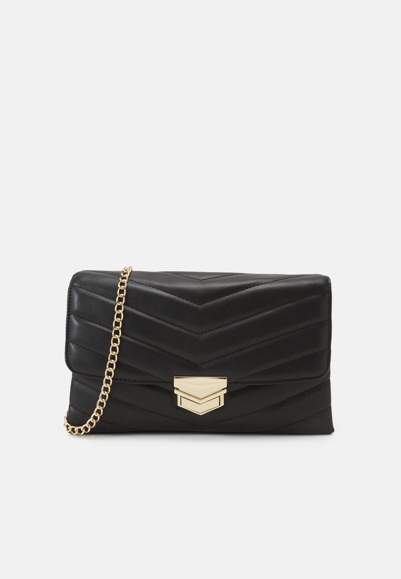 Black quilted leather clutch with a gold chain strap, featuring a chevron pattern and a geometric metallic clasp on the front.