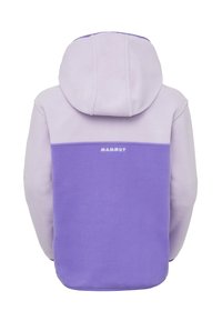 Felpa viola in pile con cappuccio, caratterizzata da una parte superiore viola chiaro e una parte inferiore viola scuro. Include il logo "Mammut" sulla schiena.