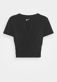 Czarna krótka koszulka z miękkiego materiału, z krótkimi rękawami i skręconym detalem z przodu. Biała logo Nike na górze pleców.