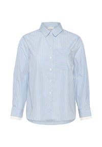 Jasnoniebieska koszula w paski na guziki z długimi rękawami, kieszenią na piersi i białymi mankietami. Wykonana z gładkiej tkaniny.