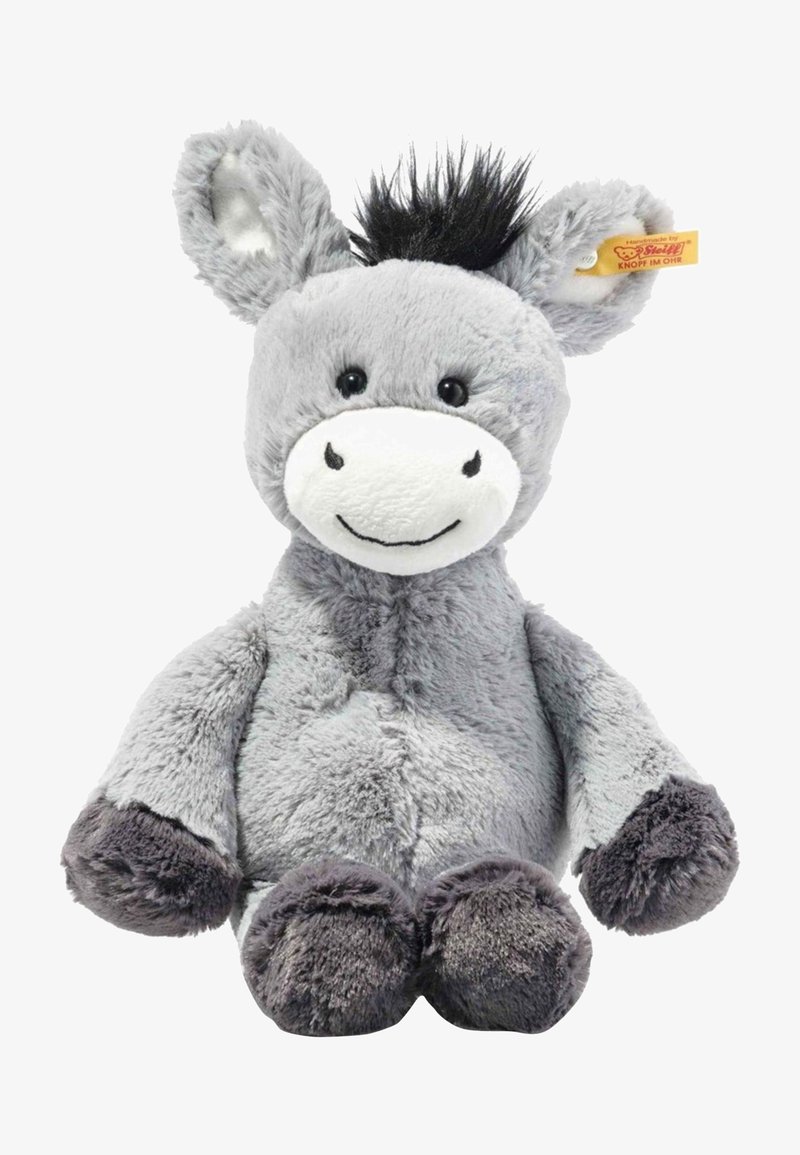 Gray plush toy donkey with a soft texture, black tufted mane, rounded ears, and large eyes. Features gray and dark gray accents on hooves.