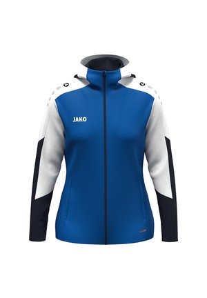 Jako Trackjacke in Blau, Weiß und Marineblau; mit hohem Kragen, durchgehendem Reißverschluss, Seitentaschen und geschwungenen weißen Akzenten an den Ärmeln.