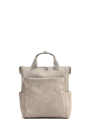 Gray leather bag with dual top handles, a zip closure, and side pockets; smooth texture and minimalistic design.