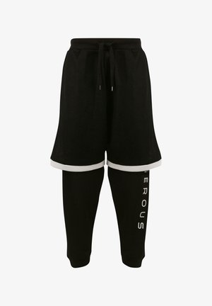 Black athletic shorts with a mesh design and white accents, layered over black legging-like bottoms featuring a graphic print. Elastic waistband.