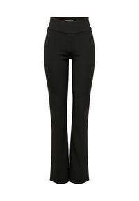 Sorte flared bukser laget av elastisk stoff, med høy midje, glatt tekstur og en ren silhuett uten dekorasjoner.