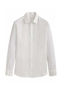 Witte lange mouwen overhemd met een puntige kraag en manchet, plat weergegeven op een witte achtergrond.