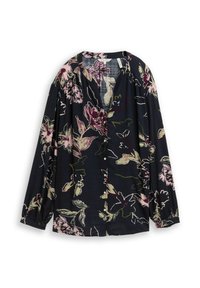Dunkelbluse mit langen Ärmeln, rosa, beige und grünen Blumenmuster, Knopfverschluss vorne und lockeren, leicht gerafften Ärmeln an den Bündchen.
