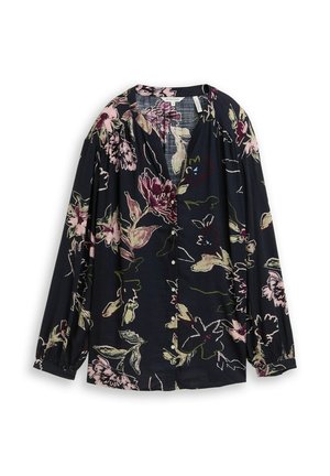 Dunkelbluse mit langen Ärmeln, rosa, beige und grünen Blumenmuster, Knopfverschluss vorne und lockeren, leicht gerafften Ärmeln an den Bündchen.