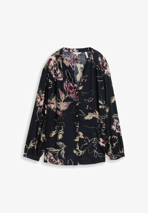 Tamna bluzica dugih rukava s cvjetnim uzorkom u ružičastoj, bež i zelenoj boji, gumbima sprijeda i slobodnim, blago nabranim rukavima na manžetama.