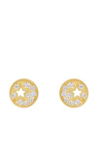 Orecchini a perno circolari in tono d'oro con un ritaglio a stella circondato da cristalli chiari, che aggiungono brillantezza al design.