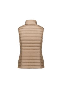 Beige gewatteerd mouwloos puffer-vest met een opstaande kraag, gezien van achteren tegen een witte achtergrond.