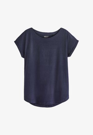 Tumesinise värvusega lühikeste varrukatega ümar kaelusega vabaajapael, millel on üles keeratud varrukaservad ja kergelt kõverdatud serv.