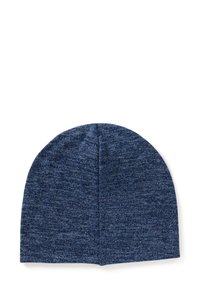 Gorro de punto en azul oscuro, con una textura suave y un diseño simple. Forma cónica con una costura central en la parte superior.