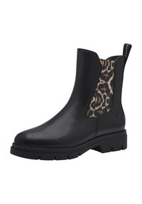 Svart läderankleboot med ett texturerat leopardmönster, rund tå, kraftig gummisula och en tygdragrem på baksidan.