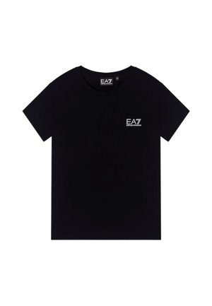 T-shirt nera a maniche corte con scollo tondo con piccolo logo bianco EA7 Emporio Armani sul petto sinistro e etichetta all'interno del colletto.