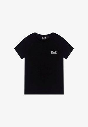 T-shirt nera a maniche corte con scollo tondo con piccolo logo bianco EA7 Emporio Armani sul petto sinistro e etichetta all'interno del colletto.