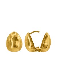 Gullmetaliske klemøreringer i oval form, med en glatt, skinnende overflate og med hengslet åpning for sikker bruk.