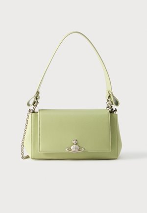 Green leather handbag with a structured shape, featuring a front flap, silver hardware, and a single shoulder strap. Chain accent included.