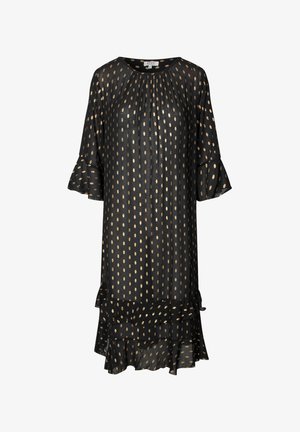 Schwarzes Kleid mit goldenen ovalen Mustern, runder Ausschnitt und Dreiviertel-angeflammte Ärmel. Verfügt über einen geschichteten, rüschendetails Saum für zusätzlichen Akzent.