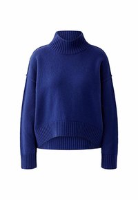 Blauwe coltrui gemaakt van zachte stof. Heeft ribgebreide boorden en zoom, met een losse pasvorm en hoge hals. Geen patronen.