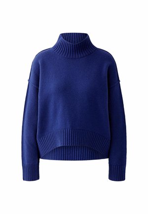 Blauwe coltrui gemaakt van zachte stof. Heeft ribgebreide boorden en zoom, met een losse pasvorm en hoge hals. Geen patronen.