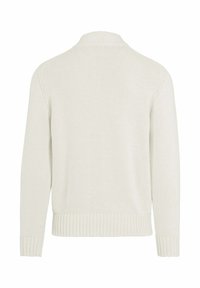 Maglione a maglia crema con colletto alto, polsini e orlo a costine. Presenta una trama texturizzata e una vestibilità rilassata, mostrato da dietro.