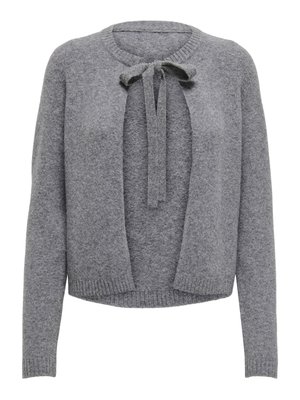 Myk grå strikket cardigan med lange ermer og en knyttet sløyfedetalj ved rund halslinning, med ribbede mansjetter og kant.