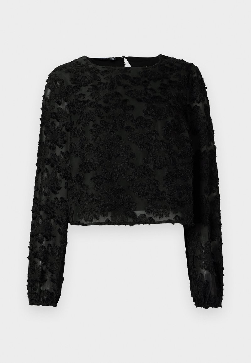 Czarna krótka bluzka z długimi rękawami zdobionymi teksturową haftowaną florą, okrągłym dekoltem i przezroczystym materiałem. Widoczne zapięcie z tyłu.