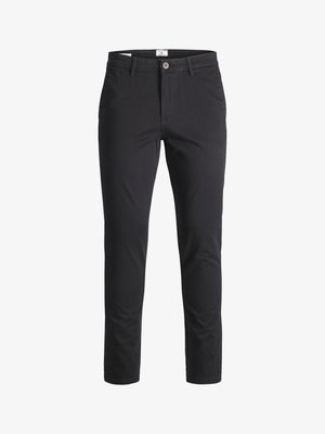 Black, slim-fit trousers made of durable fabric, featuring a front button closure, side pockets, and a smooth, matte texture.