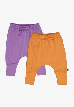 Kaksi paria lasten housuja purppurasta ja oranssista puuvillajerseystä. Ominaisuuksina elastiset vyötärönauhat kiristyskappaleilla ja kapeahkot lahkeet.