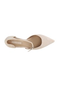 Beige pointed-toe pump with a soft suede texture, open sides, and a thin ankle strap secured by a small silver buckle.