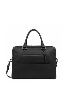 Borsa per laptop in pelle nera con due manici superiori, tracolla regolabile, tasca anteriore con zip e superficie liscia.