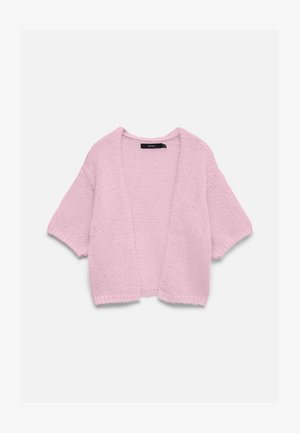 Hele roosa, esiküljelt avatud kootud kardigan lühikeste varrukatega ja lõdva, robustse tekstuuriga, kuvatud tasasel valgel taustal.