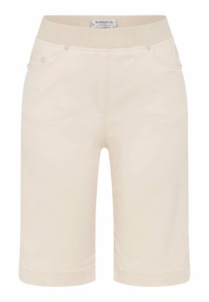 Beige Bermuda-Shorts mit einem elastischen Bund, zwei vorderen Taschen und einem glatten, leichten Stoff. Mit dezenten Nähten ausgestattet.
