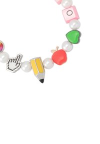 Colorful charm bracelet featuring white pearls and playful icons: a pencil, apple, green heart, pink blocks, and a hand cursor.