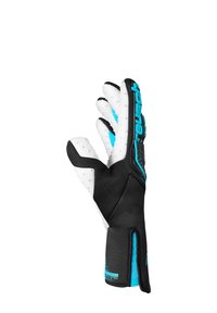 Schwarze und weiße Torwart-Handschuhe mit strukturiertem Grip, blauen Akzenten und einem verstärkten Handgelenk für verbesserte Unterstützung und Flexibilität.