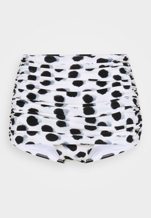 Calções de banho de cintura alta em branco com padrão abstrato de pontos pretos e cinzentos, apresentando tecido franzido para um acabamento texturizado.
