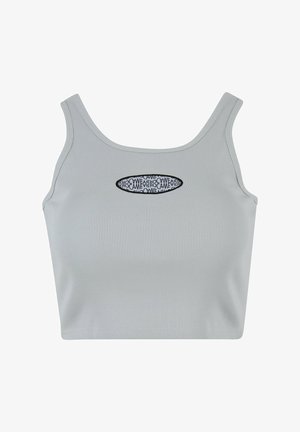 Hallide hallo korv peakorter õlgadega ja ovaalse musta graafilise logoga keskel. Sile tekstuur, keha lähedane disain.