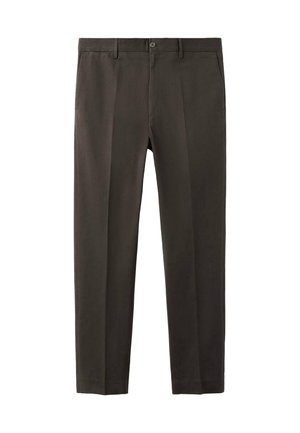 Pantalons marron foncé en tissu tissé, avec une coupe droite, des poches avant et une fermeture à bouton à la taille.