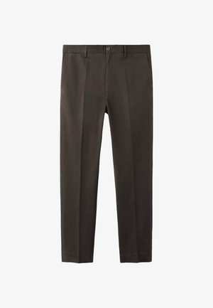 Dunkelbraune Hose aus gewebtem Stoff mit geradem Bein, Vordertaschen und einem Knopfverschluss am Bund.