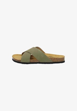 Green suede slide sandal with two crossed straps, cork footbed, and black rubber sole. Flat design without elevation or embellishments.