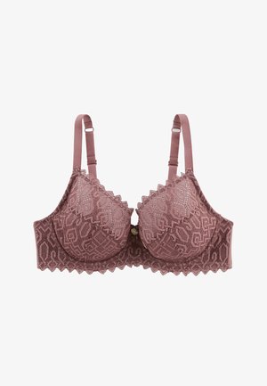 Soutien-gorge en dentelle mauve avec une texture à motifs, des bords festonnés et des bretelles réglables. Il présente un accent matériel décoratif au centre.