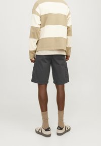 Camicia a righe beige e crema a maniche lunghe, pantaloni cargo grigi, calze marroni e sneakers beige con dettagli neri, viste dal retro.