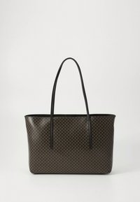 Zwarte draagtas met een patroon aan de buitenkant, met gouden geometrische vormen, lange zwarte handvatten en een strak, minimalistisch ontwerp.