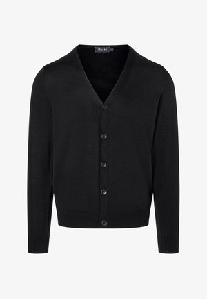 Schwarzer Cardigan mit V-Ausschnitt, Knopfleiste und rippled Cuffs und Saum. Aus weichem Material gefertigt und mit einer glatten Textur.