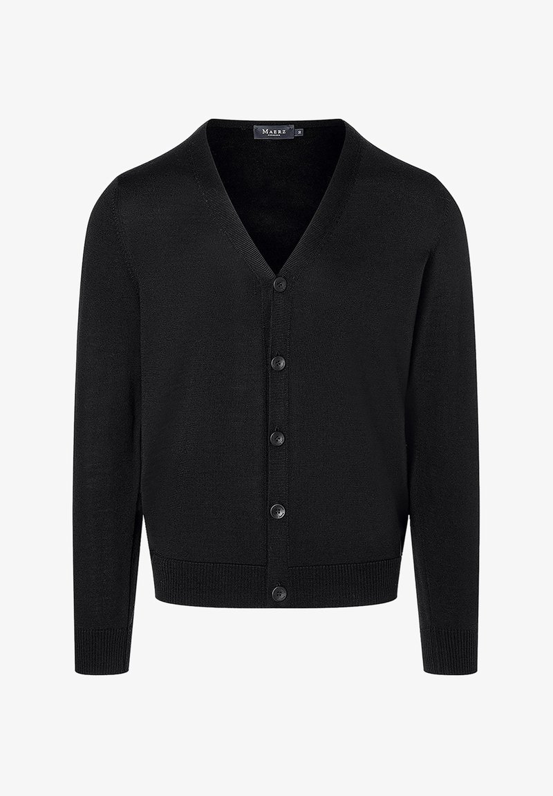 Schwarzer Cardigan mit V-Ausschnitt, Knopfleiste und rippled Cuffs und Saum. Aus weichem Material gefertigt und mit einer glatten Textur.