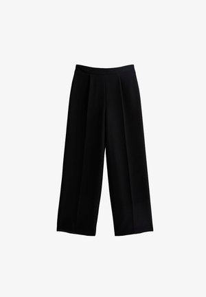 Pantaloni neri a gamba larga con un design plissettato, realizzati in tessuto morbido. Presentano una vita alta e una silhouette rilassata.